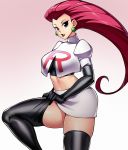  1girl boots earrings gloves hair_slicked_back highres jessie_(pokemon) jewelry pokemon pokemon_(anime) pokemon_(classic_anime) skirt team_rocket team_rocket_uniform thigh_boots thighhighs 