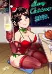  1girl alcohol bell bell_collar blue_eyes blush breasts brown_hair cake chicken_(food) christmas cleavage collar commentary_request cup curtains cushion drinking_glass elbow_gloves english_text eyebrows_visible_through_hair food fork gloves hat highres holding holding_cup indoors knife large_breasts lingerie looking_at_viewer merry_christmas night night_sky original panties party_hat plate poster_(object) ryuusei_(mark_ii) short_hair side-tie_panties signature sitting sky smile snowflakes solo table thighhighs underwear window wine wine_glass yokozuwari 