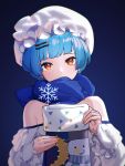  1girl blue_hair blue_scarf character_request check_copyright copyright_request covered_mouth ett hat highres looking_at_viewer mob_cap orange_eyes original scarf short_hair snowflake_print solo upper_body white_headwear 