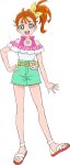  1girl :d artist_request bare_arms bare_legs belt bow brown_hair full_body green_eyes green_shorts hair_bow hair_strand hand_on_hip highres jewelry looking_at_viewer natsumi_manatsu official_art open_mouth precure ring sandals shirt short_hair shorts side_ponytail simple_background smile solo standing tropical-rouge!_precure white_background white_shirt yellow_bow 