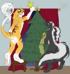  alpha_(character) ambiguous_gender black_body black_fur christmas christmas_tree digital_media_(artwork) digitigrade felid fur hi_res holidays hybrid liger lion mammal mephitid pantherine plant skunk tass_(tassy) tree white_body white_fur yellow_body yellow_fur 