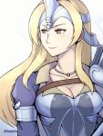  1girl armor bangs blonde_hair breasts closed_mouth collared_shirt fire_emblem fire_emblem_echoes:_shadows_of_valentia fire_emblem_heroes frown helm helmet jewelry large_breasts looking_to_the_side mathilda_(fire_emblem) necklace phiphi-au-thon shirt solo sunlight upper_body yellow_eyes 