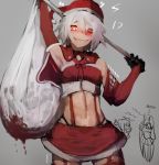  !? 1girl ander_horlo bare_shoulders blood capelet christmas commentary_request elbow_gloves garter_belt gloves grin hair_between_eyes hat heart heart-shaped_pupils highres holding holding_sack looking_at_viewer original red_capelet red_eyes red_headwear red_legwear red_skirt sack santa_costume santa_hat sharp_teeth short_hair simple_background skirt smile solo_focus symbol-shaped_pupils teeth thighhighs white_hair 