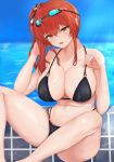  1girl ana_(vvvvor) azur_lane bikini black_bikini breasts feet_out_of_frame goggles goggles_on_head highleg highleg_bikini italian_flag long_hair looking_at_viewer multi-strapped_bikini o-ring o-ring_bikini poolside red_hair side_ponytail solo strap_pull swimsuit wet yellow_eyes zara_(azur_lane) zara_(poolside_coincidence)_(azur_lane) 