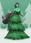  armwear black_hair christmas christmas_lights christmas_tree clothing elbow_gloves equid equine female fur gloves green_body green_eyes green_fur hair handwear hi_res holidays horse mammal plant pony pose solo toughset tree 