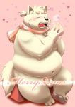  &lt;3 2020 anthro balls belly blush canid canine canis christmas domestic_dog eyes_closed food genitals hi_res holidays humanoid_hands kemono kiyo male mammal moobs navel overweight overweight_anthro overweight_male penis scarf sitting solo 