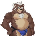  2020 anthro belly black_nose brown_body brown_fur bulge clothing fur hi_res jockstrap male mammal nipples overweight overweight_anthro overweight_male scar simple_background solo suriruxi tongue tongue_out underwear ursid white_background 