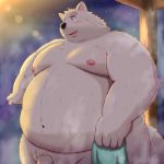  1:1 2020 absurd_res anthro balls belly black_nose canid canine canis flaccid fur genitals hi_res kemono kumajjjj male mammal moobs night nipples obese obese_anthro obese_male overweight overweight_anthro overweight_male penis solo towel wet white_body white_fur wolf 