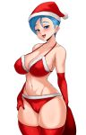  1girl :d bikini blue_hair blush breasts bulma christmas covered_nipples dragon_ball dragon_ball_z earrings elbow_gloves eyebrows gloves highres jewelry jmg large_breasts mature naughty_face navel nipples open_mouth red_bikini red_gloves red_legwear sack santa_bikini short_hair simple_background smile swimsuit thighhighs thighs white_background 
