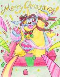  anthro bell bell_collar belly blush christmas collar digimon digimon_(species) gabumon gift_wrapped holidays horn male one_eye_closed slightly_chubby solo tabasukotrr traditional_media_(artwork) wink 