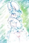  2020 anthro bottomless clothed clothing female fluffy fluffy_tail genitals hair hi_res lagomorph leporid long_ears mammal nipple_outline panken pussy rabbit shirt shirt_only signature solo topwear topwear_only 