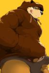  2020 anthro black_nose brown_body brown_fur bulge canid canine canis clothed clothing domestic_dog erection erection_under_clothing fur hi_res hoodie humanoid_hands kemono kisukemk777 male mammal overweight overweight_anthro overweight_male simple_background solo tongue tongue_out topwear underwear yellow_background 