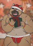  2020 absurd_res anthro belly brown_body brown_fur bulge canid canine canis christmas christmas_clothing christmas_headwear clothing domestic_dog fur hat headgear headwear hi_res holidays kemono male mammal navel overweight overweight_anthro overweight_male pol6473 santa_hat scar solo tokyo_afterschool_summoners underwear video_games yasuyori 