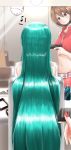  2girls absurdres aqua_hair bare_shoulders belt bottle brown_eyes brown_hair clock comb commentary crop_top eighth_note from_behind hair_ornament hair_ornament_removed hatsune_miku highres holding holding_comb itogari long_hair looking_at_another mask meiko midriff mirror mouth_mask multiple_girls musical_note navel pov pov_hands red_nails red_shirt red_skirt reflection shirt short_hair sitting skirt smile spoken_musical_note very_long_hair vocaloid 