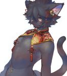  2019 4040tinta anthro asian_clothing bell black_body black_fur black_hair chinese_clothing clothing domestic_cat east_asian_clothing felid feline felis fur hair hi_res inner_ear_fluff kemono looking_at_viewer male mammal navel navel_piercing nipple_piercing nipples piercing pink_nipples raised_tail simple_background solo tuft white_background yellow_eyes 