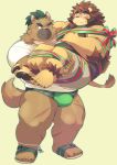  2020 anthro ayame42612 belly blush bottomwear brown_body brown_fur bulge canid canine canis carrying clothing domestic_dog duo felid footwear fur hi_res kemono lion male male/male mammal one_eye_closed overweight overweight_male pantherine sandals scar shirt shorts simple_background tokyo_afterschool_summoners topwear underwear video_games white_background wink yasuyori 