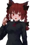  1girl animal_ears bangs black_bow black_dress bow braid cat_ears dress eyebrows_visible_through_hair hair_bow hair_ribbon hand_up highres kaenbyou_rin long_hair looking_to_the_side neck_ribbon open_mouth red_eyes red_hair red_nails red_neckwear red_ribbon reddizen ribbon simple_background solo standing touhou tress_ribbon twin_braids upper_body white_background 