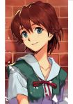  1girl blush brown_hair green_eyes green_vest grey_shirt head_tilt hungry_clicker kirishima_mana looking_at_viewer neck_ribbon neon_genesis_evangelion neon_genesis_evangelion:_iron_maiden parted_lips pillarboxed red_neckwear red_ribbon ribbon shirt short_hair smile solo vest 