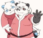  2020 anthro belly black_body black_fur blue_body blue_fur blush christmas clothing costume duo eyes_closed fur giant_panda holidays hug humanoid_hands kazanari kemono male mammal overweight overweight_male santa_costume ursid white_body white_fur 