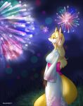  aluxander01 anthro asian_clothing canid canine clothing dress ear_piercing ear_ring east_asian_clothing eyewear female fireworks flower_pattern fox fur glasses grass hair hi_res japanese_clothing kimono long_hair looking_up mammal multicolored_body multicolored_fur night piercing plant solo white_body white_fur yellow_body yellow_fur 