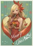  1girl absurdres bangs blonde_hair blush bow braid character_doll christmas collarbone dark_skin dress english_text granblue_fantasy green_nails hair_bow hands_clasped helel_ben_shalem highres long_hair merry_christmas nakonbu own_hands_together pacifier red_bow red_dress red_eyes sleeveless sleeveless_dress solo swept_bangs tattoo twintails vee_(granblue_fantasy) very_long_hair 