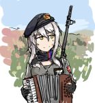  1girl accordion beret black_scarf breasts dutchko girls_frontline gloves grey_hair hat instrument long_hair looking_to_the_side partially_fingerless_gloves rifle_on_back scarf serbia_strong yellow_eyes zas_m76_(girls_frontline) 