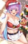  1girl :d absurdres ahoge anchor_ornament apron bare_shoulders bell belt belt_buckle blue_hair blurry blurry_background blush bobblehat bow breasts buckle christmas_tree cleavage collarbone crop_top depth_of_field dutch_angle frilled_apron frills fur-trimmed_gloves fur-trimmed_headwear fur-trimmed_skirt fur_trim gloves hat highres hololive large_breasts long_hair looking_at_viewer minato_aqua miniskirt multicolored_hair navel open_mouth pink_bow purple_eyes purple_hair red_gloves red_headwear red_skirt santa_gloves santa_hat shiroserika skirt smile solo stomach thighhighs thighs twintails two-tone_hair very_long_hair virtual_youtuber waist_apron white_apron 
