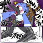  1:1 ahegao anal anthro avian bathroom bird blue_jay bodily_fluids cartoon_network comic corvid drooling duo from_behind_position jay_(bird) looking_pleasured male male/male male_penetrated male_penetrating male_penetrating_male mammal mordecai_(regular_show) new_world_jay oscine passerine pb-art penetration perching_position procyonid raccoon regular_show rigby_(regular_show) saliva sex size_difference small_dom_big_sub weak_knees 