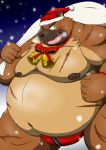  2020 anthro belly brown_body brown_fur bulge burenai canid canine canis christmas christmas_clothing christmas_headwear clothing domestic_dog fur hat headgear headwear hi_res holidays humanoid_hands kemono male mammal moobs nipples obese obese_anthro obese_male one_eye_closed outside overweight overweight_anthro overweight_male santa_claus santa_hat scar snow snowing solo tokyo_afterschool_summoners underwear video_games wink yasuyori 