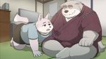  00murice 2020 anthro bottomwear canid canine canis clothing detailed_background domestic_dog duo hi_res humanoid_hands inside kemono male mammal overweight overweight_male shirt shorts sitting television topwear young 