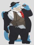  2020 3:4 anthro blue_body bluewhale127 bottomwear cetacean clothing hat headgear headwear hi_res humanoid_hands kemono male mammal marine necktie one_eye_closed overweight overweight_anthro overweight_male pants shirt simple_background solo topwear wink 