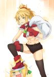  1girl abs absurdres artoria_pendragon_(all) breasts cigar fate/apocrypha fate/grand_order fate_(series) gift green_eyes highres mordred_(fate) mordred_(fate)_(all) ponytail saber shorts small_breasts smile solo thighs 