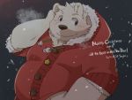  2020 anthro belly black_nose christmas clothing english_text fur green_bell holidays hoodie inakamichi kemono male mammal night outside overweight overweight_anthro overweight_male solo text topwear ursid white_body white_fur 