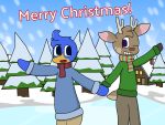  4:3 ambiguous_gender anthro avian bestbluepenguin bird capreoline cervid christmas clothed clothing detailed_background duo fully_clothed hand_holding hi_res holidays mammal plant reindeer scarf size_difference snow snowing tree 