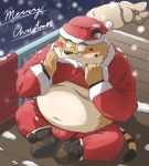  2020 anthro belly blush bottomwear christmas christmas_clothing christmas_headwear clothing costume eyewear felid glasses hat headgear headwear hi_res holidays hon55728 humanoid_hands kemono male mammal moobs navel overweight overweight_anthro overweight_male pantherine pants santa_claus santa_costume santa_hat sitting snow solo tiger 
