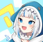  1girl :d a absurdres animal_hood bangs blue_background blue_eyes blue_hair blue_hoodie blush commentary face fish gawr_gura highres hololive hololive_english hood hood_up hoodie looking_at_viewer multicolored_hair open_mouth shark_hood sharp_teeth smile solo streaked_hair tabi_(cufs5442) teeth upper_teeth virtual_youtuber white_background yellow_background 