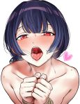  1girl bangs bdsm blue_hair blush bondage bound bound_wrists collarbone heart idolmaster idolmaster_shiny_colors liu_chi_tiantang_fr morino_rinze nude open_mouth red_eyes rope saliva sweat teeth tied_up tongue tongue_out white_background 