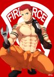  1boy abs arm_tattoo bara bulge copyright_name en&#039;en_no_shouboutai full_body green_eyes highres inunekostudio male_focus muscular muscular_male navel neck_tattoo nipples pectorals red_hair shirt_removed shirtless short_hair shoulder_tattoo solo squatting tattoo thighs vulcan_joseph 