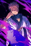  2boys bikkusama black_background black_eyes black_hair black_nails black_scarf closed_mouth extra_eyes facial_tattoo fushiguro_megumi hand_up highres itadori_yuuji japanese_clothes jujutsu_kaisen kimono looking_at_viewer male_focus multiple_boys pink_hair profile red_eyes ryoumen_sukuna_(jujutsu_kaisen) scarf short_hair sideways_glance spiked_hair tattoo undercut upper_body white_kimono 