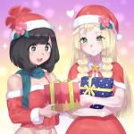  2girls absurdres bangs black_eyes black_hair blonde_hair box braid capelet christmas closed_mouth eyebrows_visible_through_hair gift gift_box green_eyes green_nails hat heart highres holding holding_box holding_gift lillie_(pokemon) long_hair long_sleeves mizuumi_(bb) multiple_girls nail_polish navel pokemon pokemon_(game) pokemon_sm red_capelet santa_costume santa_hat selene_(pokemon) short_hair smile sparkle sparkling_eyes twin_braids 