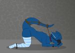  absurd_res anthro bdsm blindfold bluefuzzydragon clothing collar dragon dungeon hi_res legwear male simple_background solo thigh_highs 