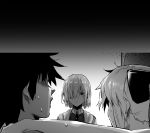  1boy 2girls ahoge artoria_pendragon_(all) artoria_pendragon_(caster) bangs bow breasts caught chaldea_uniform fate/grand_order fate_(series) fujimaru_ritsuka_(male) greyscale hair_bow hair_over_one_eye highres hxd implied_sex jacket large_breasts long_sleeves mash_kyrielight monochrome multiple_girls nude ponytail short_hair sweat 