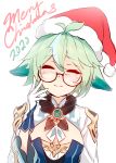  1girl 2020 ahoge animal_ear_request animal_ears blush closed_eyes commentary english_commentary eyebrows_visible_through_hair facing_viewer fur-trimmed_headwear genshin_impact glasses gloves green_hair hat highres jewelry merry_christmas necklace pom_pom_(clothes) portrait ricegnat santa_hat semi-rimless_eyewear short_hair simple_background sketch smile solo sucrose_(genshin_impact) white_background white_gloves 