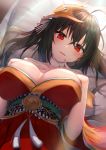  1girl ahoge azur_lane bangs bare_shoulders bed_sheet black_hair blush breasts hair_ornament hair_ribbon highres japanese_clothes kimono large_breasts long_hair looking_at_viewer lying on_back open_mouth pillow red_eyes red_kimono ribbon smile solo taihou_(azur_lane) twintails west_24 