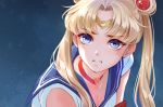  1girl akatachibana bishoujo_senshi_sailor_moon blonde_hair blue_eyes blue_sailor_collar breasts choker cleavage double_bun heart heart_choker long_hair looking_at_viewer red_choker sailor_collar sailor_moon sailor_moon_redraw_challenge sailor_senshi sailor_senshi_uniform solo tsukino_usagi upper_body 