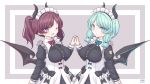  2girls ;d aqua_hair artist_name black_bow blue_eyes bow bowtie breasts brown_hair commentary demon_wings eyebrows_visible_through_hair fang frr_(akf-hs) highres holding_hands horns interlocked_fingers juliet_sleeves large_breasts long_hair long_sleeves looking_at_viewer maid maid_headdress multiple_girls one_eye_closed open_mouth pointy_ears puffy_sleeves purple_eyes satarina-ke_no_meido-san satarina-san simple_background smile twintails underbust vrchat wings 