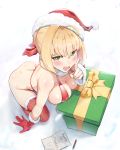  1girl :d absurdres ahoge bangs blonde_hair blush bottomless box breasts christmas commentary_request eyebrows_visible_through_hair fate/extra fate/grand_order fate_(series) from_above full_body gift gift_box gloves green_eyes hair_ribbon hat highres kneeling large_breasts looking_at_viewer nero_claudius_(fate) nero_claudius_(fate)_(all) open_mouth padoruu pen red_gloves red_headwear red_legwear red_ribbon ribbon santa_hat short_hair signature single_glove smile solo thighhighs 