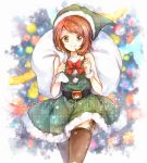  1girl bangs belt brown_hair brown_legwear christmas closed_mouth commentary dress eyelashes fur-trimmed_dress fur_trim garter_straps gloria_(pokemon) green_dress green_headwear hat holding holding_sack looking_at_viewer merry_christmas pokemon pokemon_(game) pokemon_swsh sack santa_hat short_hair sleeveless sleeveless_dress smile solo thighhighs yellow_eyes yomogi_(black-elf) 