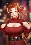  1girl ahoge belt blurry blurry_background breasts brown_eyes brown_hair christmas cleavage cleavage_cutout clothing_cutout delia_ketchum dress easonx hair_ornament highres huge_breasts looking_at_viewer mature pokemon ribbed_dress short_hair smile snowing solo upper_body 