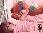  2girls 500_dollar_four_foot_tall_mareep artist_logo artist_name bangs bed bedroom blanket brown_eyes brown_hair commentary english_commentary frown girls_und_panzer half-closed_eyes highres indoors meme multiple_girls nishizumi_maho nishizumi_miho object_hug on_bed oversized_object short_hair siblings sisters sleeping stuffed_toy unamused under_covers voccu 